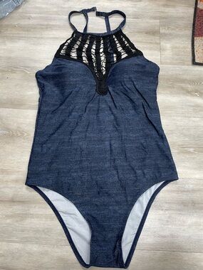 Unbranded One Piece Swimsuit Womens 1X Blue Denim Black Lace High Neck Excellent